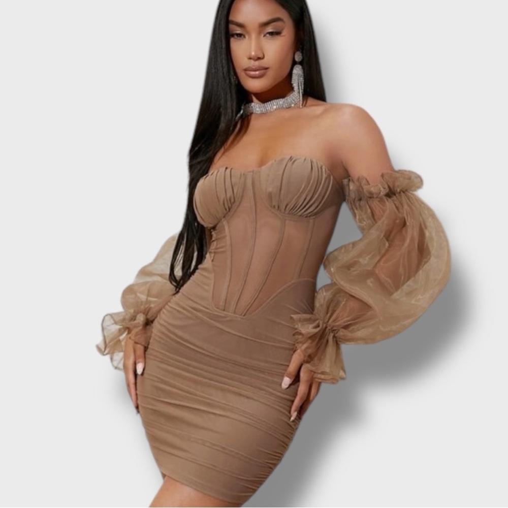 Elegant Brown Off-Shoulder Dress- (S) - Picture 5 of 5